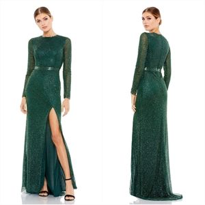 Mac Duggal Green Beaded High Neck Long Sleeve Gown